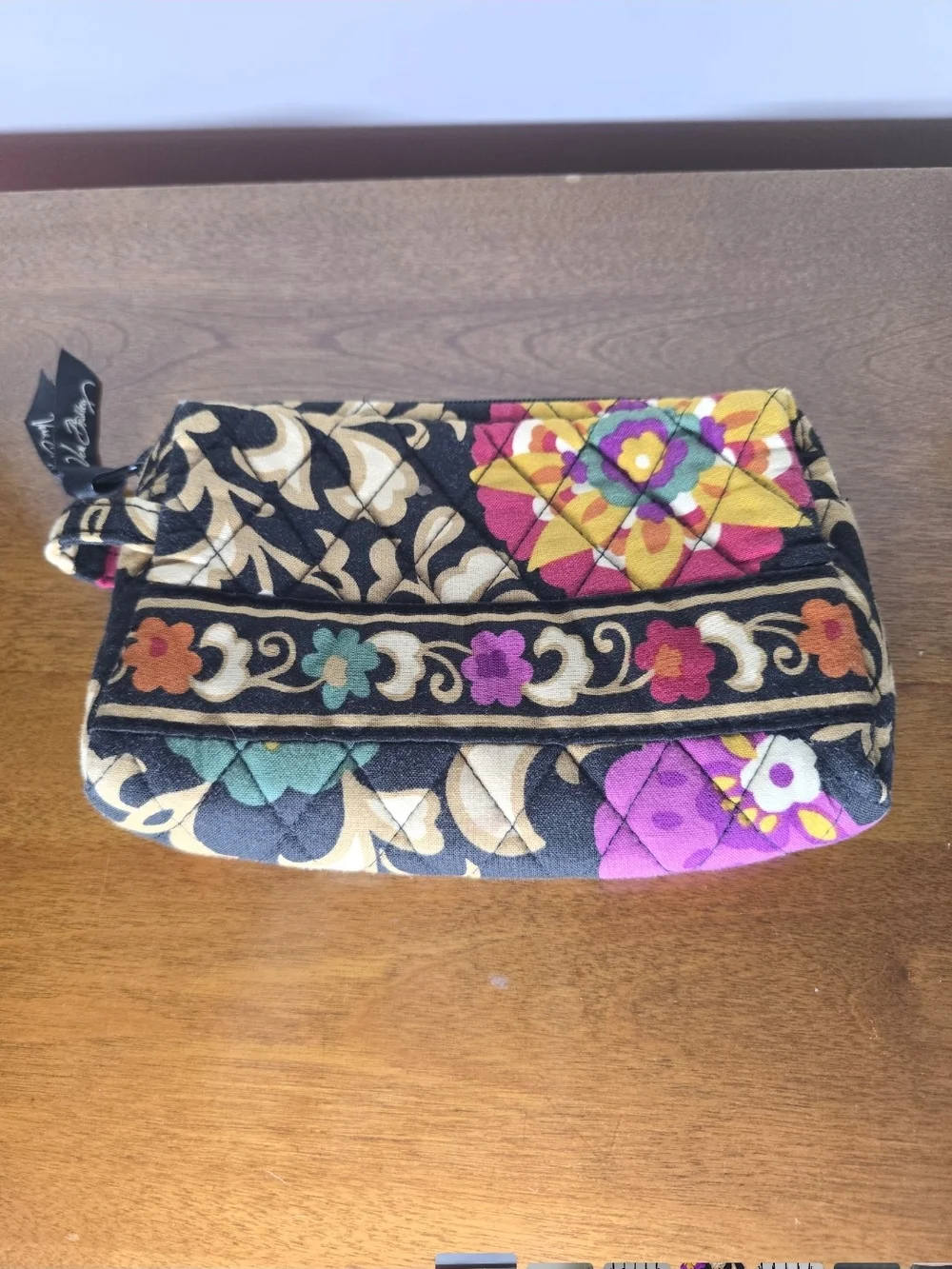 Vera Bradley Retired Black Quilted Cosmetic Pouch with Multicolor Floral Trim
